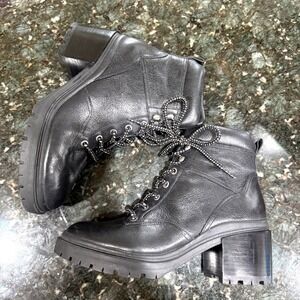 27 Edit Lace Up Combat Boots Black Leather Hiker Ankle Booties Lug Sole Womens 9